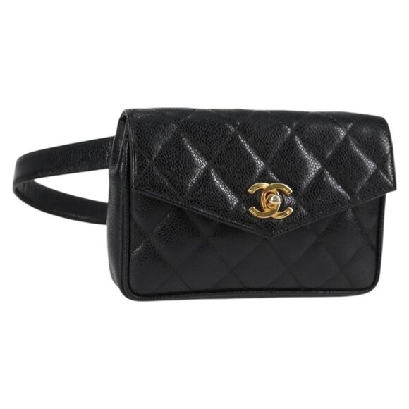 CHANEL Matelasse Waist bag Calf Skin Black Gold CC Auth 119405 - Picture 1 of 16